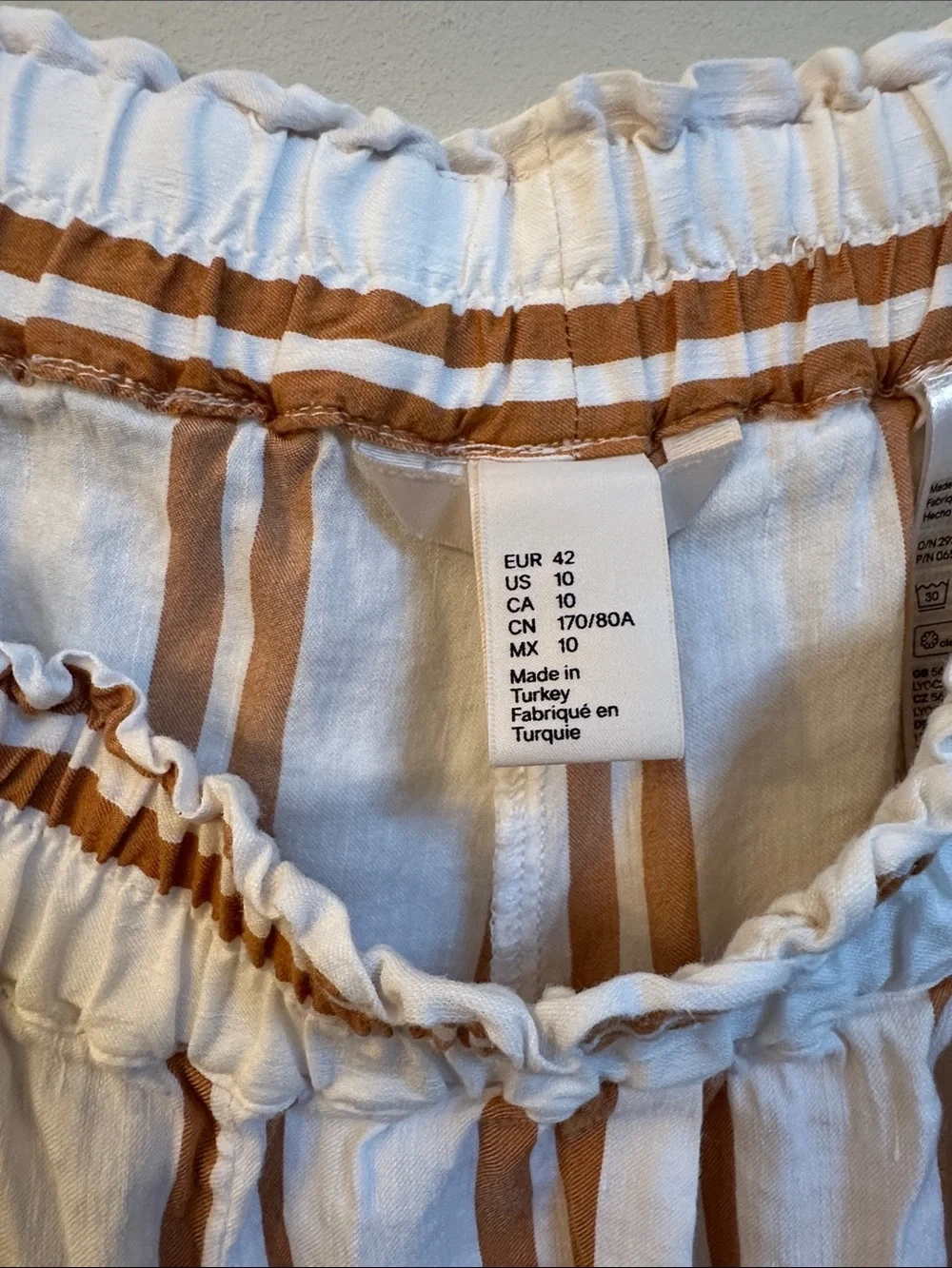 H&M Linen Blend Wide Leg Pants – Cream w/Brown Stripes, Paperbag Waist, Size 10